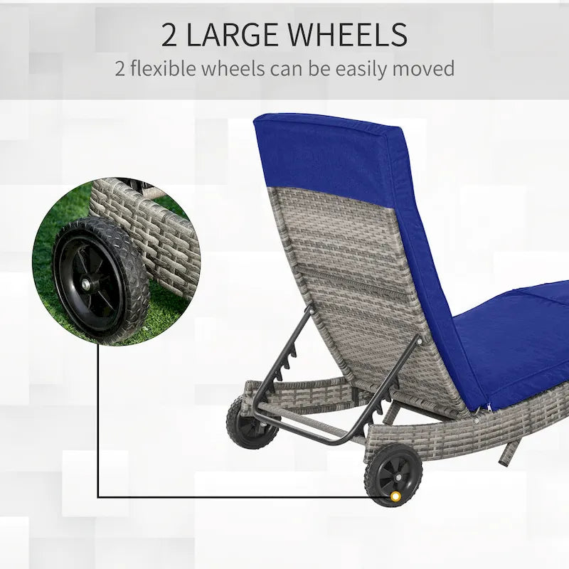 Bain de soleil Outsunny, chaise longue d'extérieur en rotin PE avec coussins, dossier réglable sur 5 niveaux et roulettes