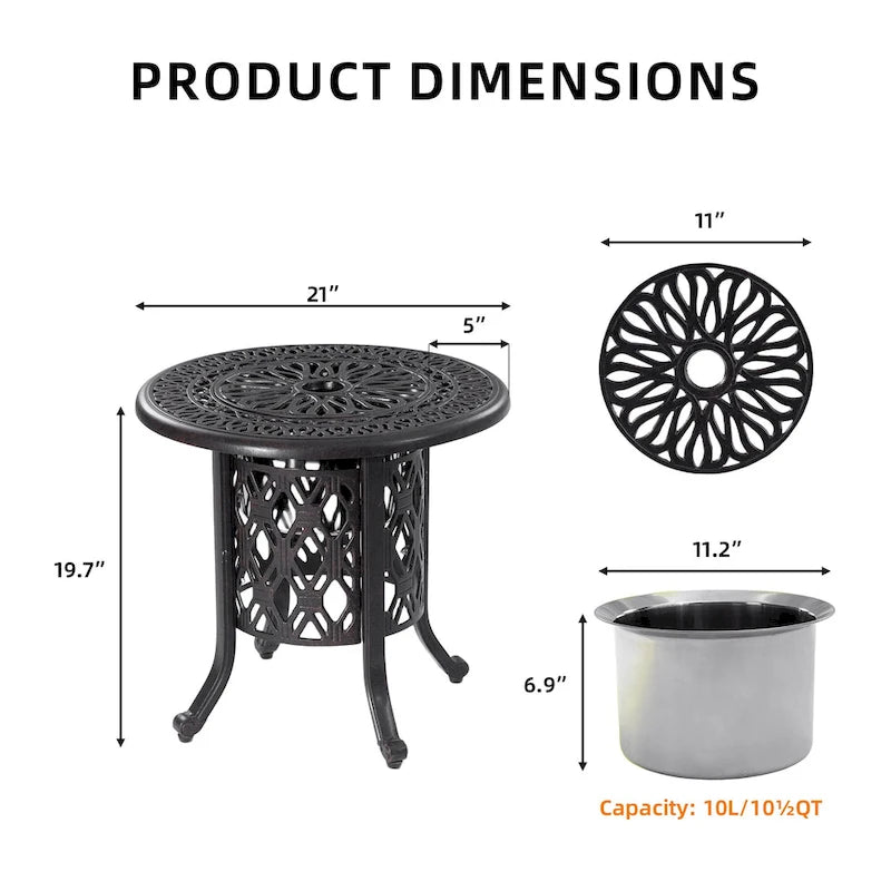 GDFStudio - Table d'appoint Todd 21 avec seau à glace amovible, cadre en aluminium moulé antirouille, finition brossée à la main