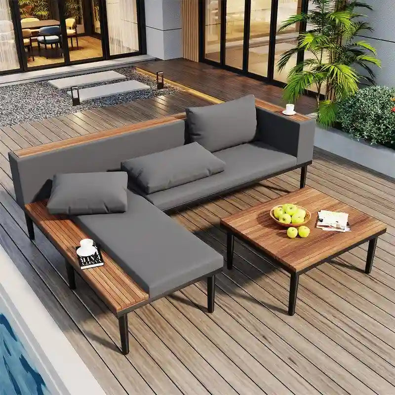 Ensemble de mobilier de patio 2 pièces avec table basse, canapé en bois d'acacia en forme de L avec table d'appoint, ensemble de conversation d'extérieur pour jardin
