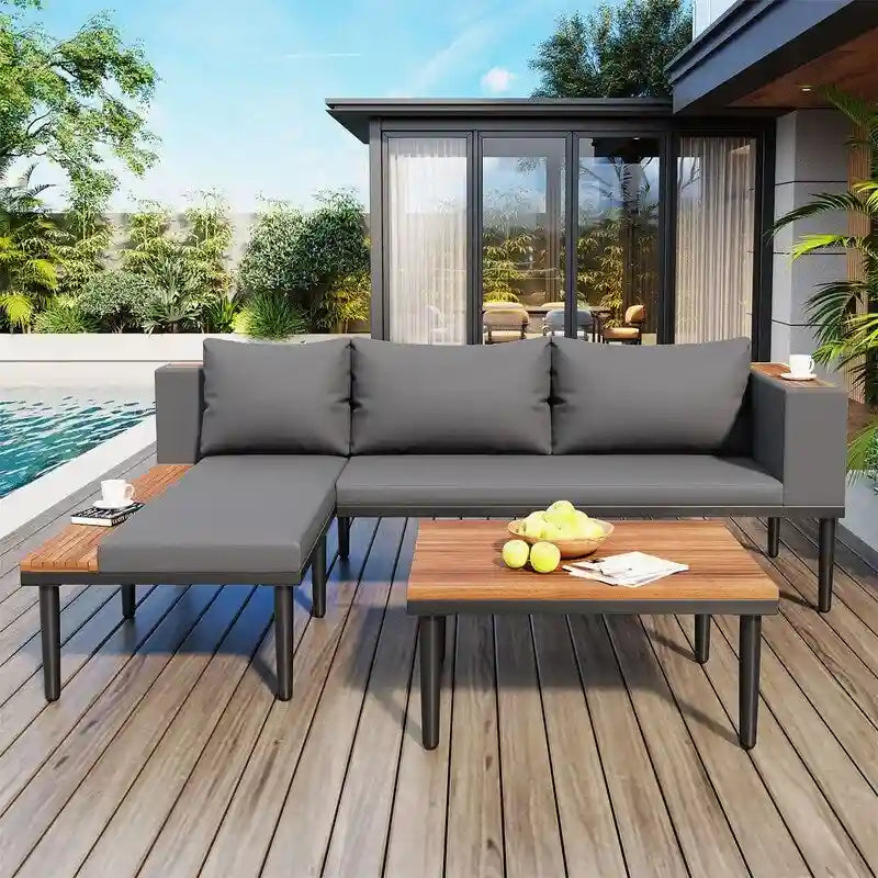 Ensemble de mobilier de patio 2 pièces avec table basse, canapé en bois d'acacia en forme de L avec table d'appoint, ensemble de conversation d'extérieur pour jardin