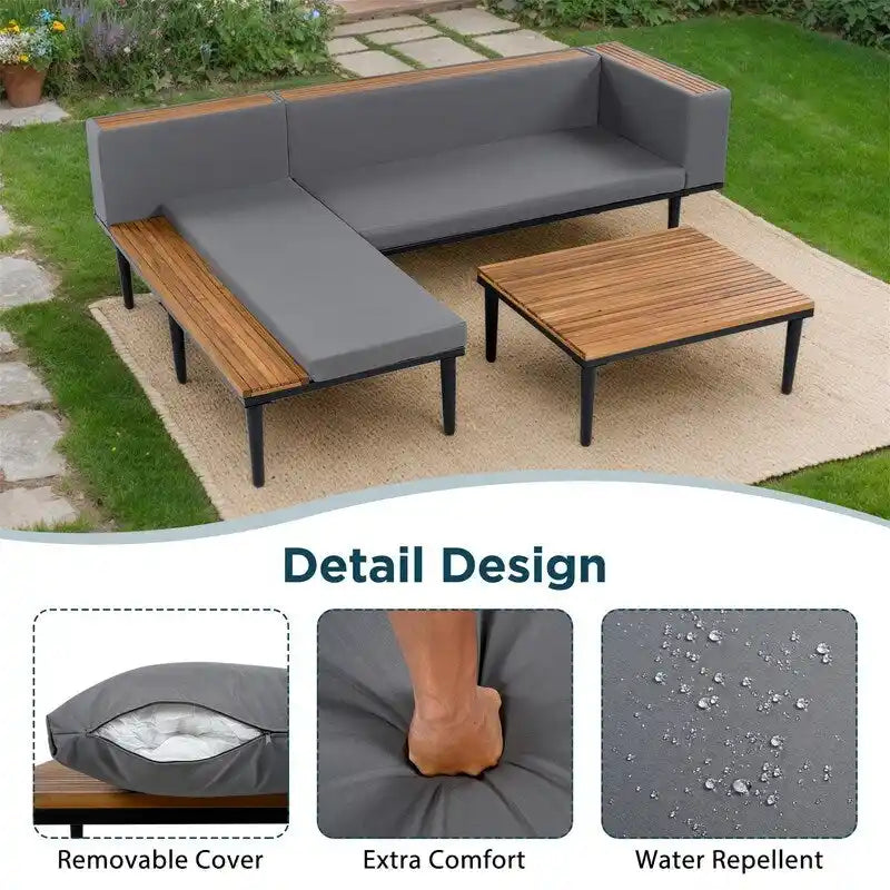 Ensemble de mobilier de patio 2 pièces avec table basse, canapé en bois d'acacia en forme de L avec table d'appoint, ensemble de conversation d'extérieur pour jardin