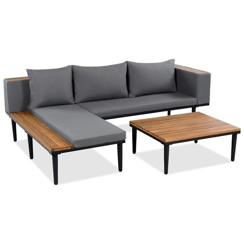 Ensemble de mobilier de patio 2 pièces avec table basse, canapé en bois d'acacia en forme de L avec table d'appoint, ensemble de conversation d'extérieur pour jardin