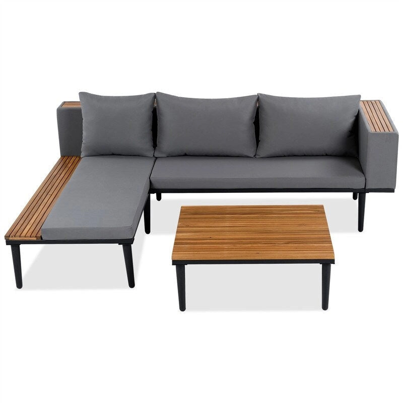 Ensemble de mobilier de patio 2 pièces avec table basse, canapé en bois d'acacia en forme de L avec table d'appoint, ensemble de conversation d'extérieur pour jardin