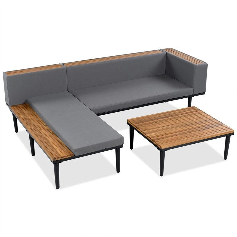 Ensemble de mobilier de patio 2 pièces avec table basse, canapé en bois d'acacia en forme de L avec table d'appoint, ensemble de conversation d'extérieur pour jardin
