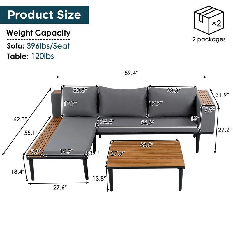 Ensemble de mobilier de patio 2 pièces avec table basse, canapé en bois d'acacia en forme de L avec table d'appoint, ensemble de conversation d'extérieur pour jardin