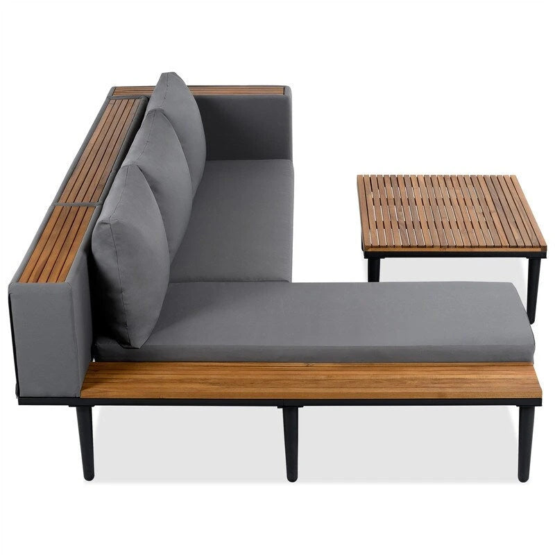 Ensemble de mobilier de patio 2 pièces avec table basse, canapé en bois d'acacia en forme de L avec table d'appoint, ensemble de conversation d'extérieur pour jardin