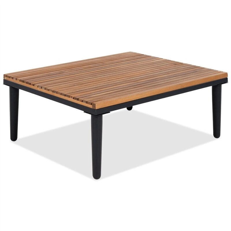 Ensemble de mobilier de patio 2 pièces avec table basse, canapé en bois d'acacia en forme de L avec table d'appoint, ensemble de conversation d'extérieur pour jardin