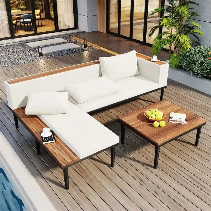Ensemble de mobilier de patio 2 pièces avec table basse, canapé en bois d'acacia en forme de L avec table d'appoint, ensemble de conversation d'extérieur pour jardin