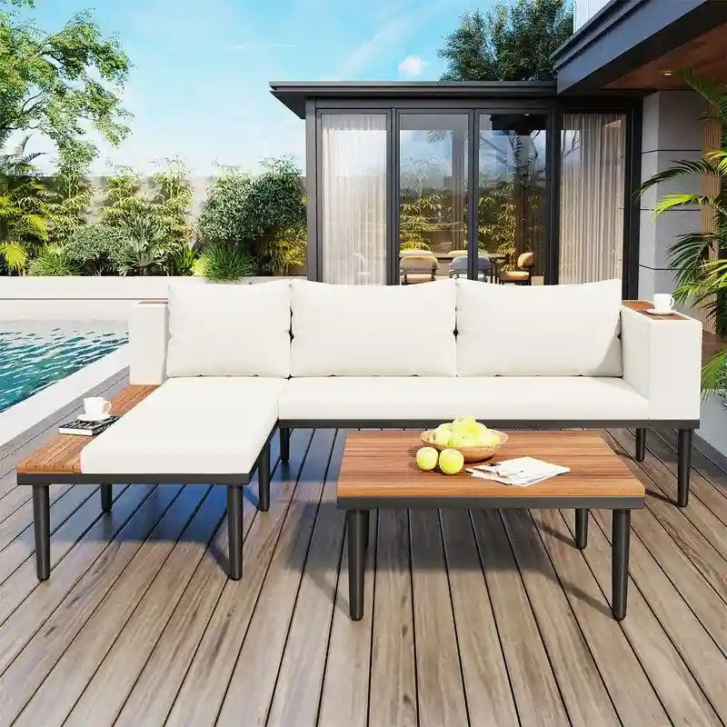 Ensemble de mobilier de patio 2 pièces avec table basse, canapé en bois d'acacia en forme de L avec table d'appoint, ensemble de conversation d'extérieur pour jardin