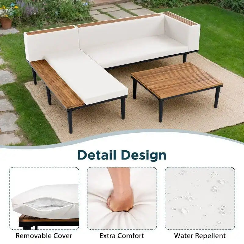 Ensemble de mobilier de patio 2 pièces avec table basse, canapé en bois d'acacia en forme de L avec table d'appoint, ensemble de conversation d'extérieur pour jardin