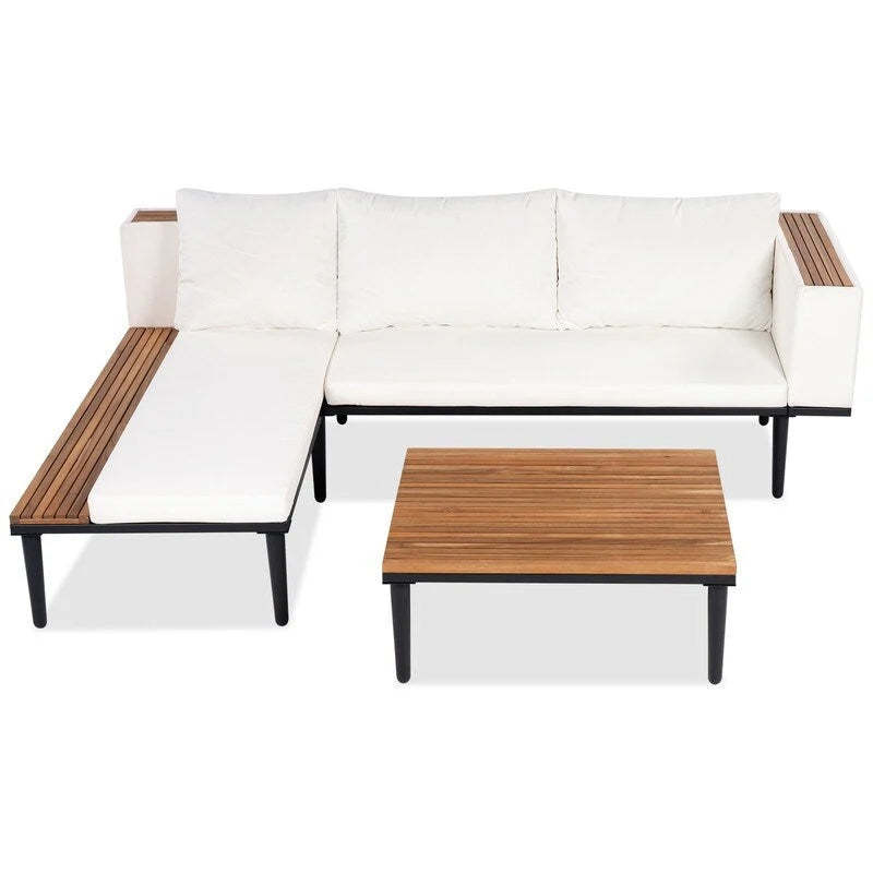 Ensemble de mobilier de patio 2 pièces avec table basse, canapé en bois d'acacia en forme de L avec table d'appoint, ensemble de conversation d'extérieur pour jardin