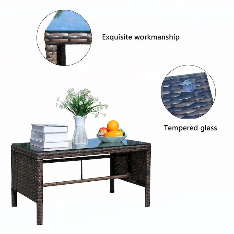 Mobilier de terrasse extérieur 1 table basse en osier, marron
