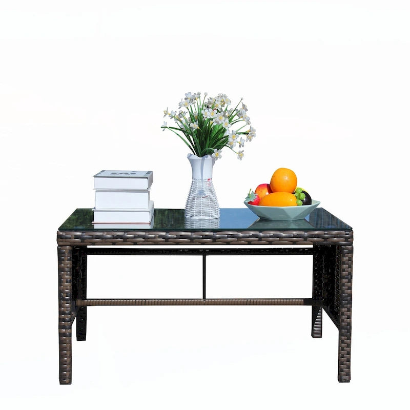 Mobilier de terrasse extérieur 1 table basse en osier, marron