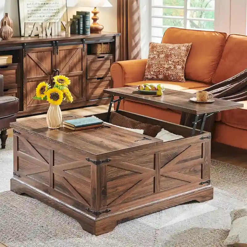 Table basse relevable de ferme avec rangement, table centrale carrée en bois
