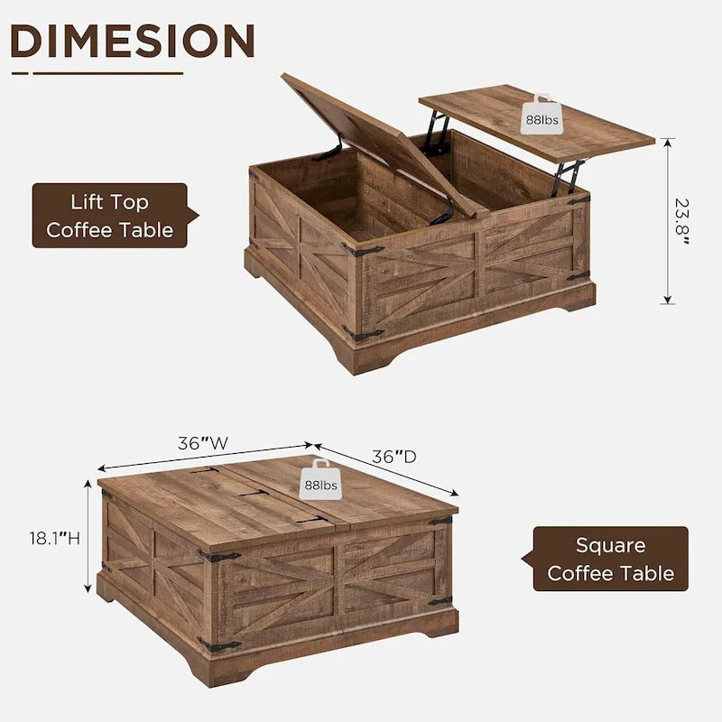 Table basse relevable de ferme avec rangement, table centrale carrée en bois