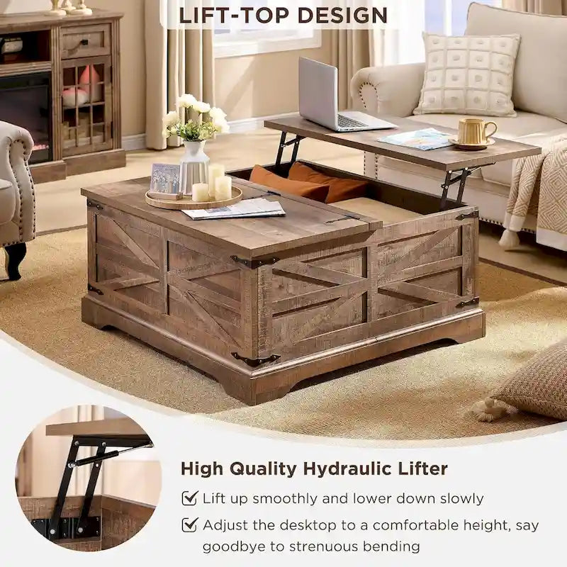Table basse relevable de ferme avec rangement, table centrale carrée en bois