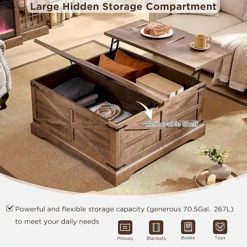 Table basse relevable de ferme avec rangement, table centrale carrée en bois