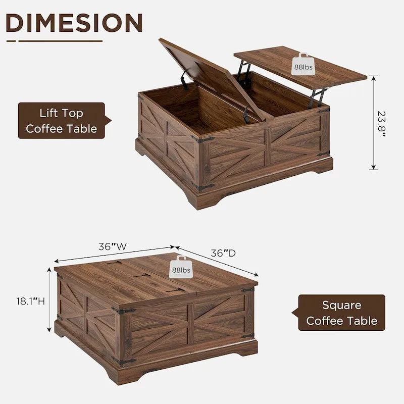 Table basse relevable de ferme avec rangement, table centrale carrée en bois