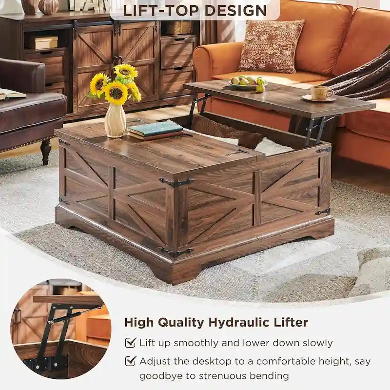Table basse relevable de ferme avec rangement, table centrale carrée en bois