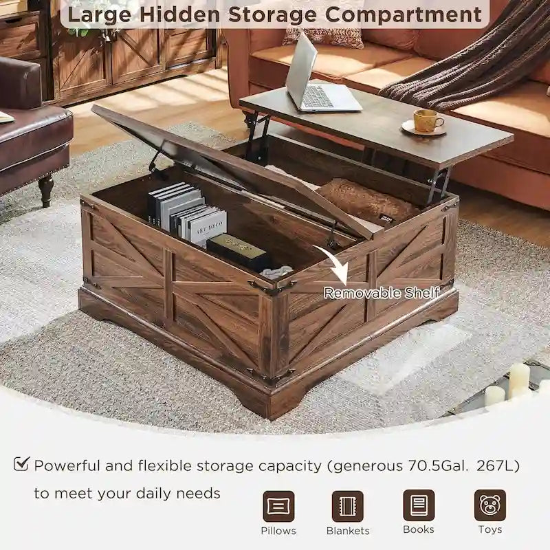 Table basse relevable de ferme avec rangement, table centrale carrée en bois