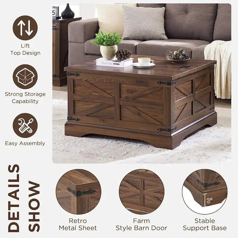 Table basse relevable de ferme avec rangement, table centrale carrée en bois