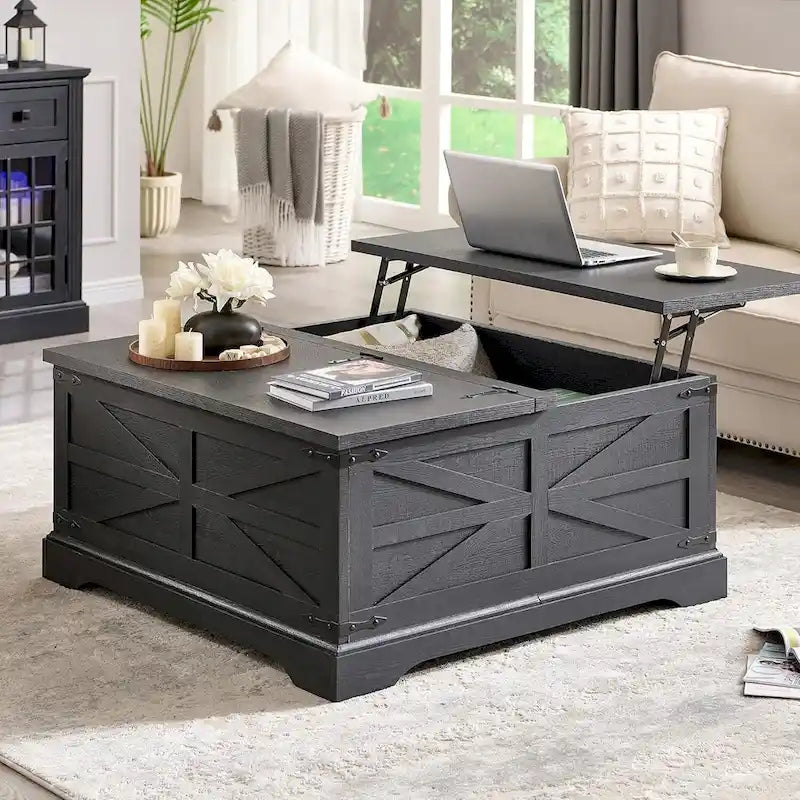 Table basse relevable de ferme avec rangement, table centrale carrée en bois