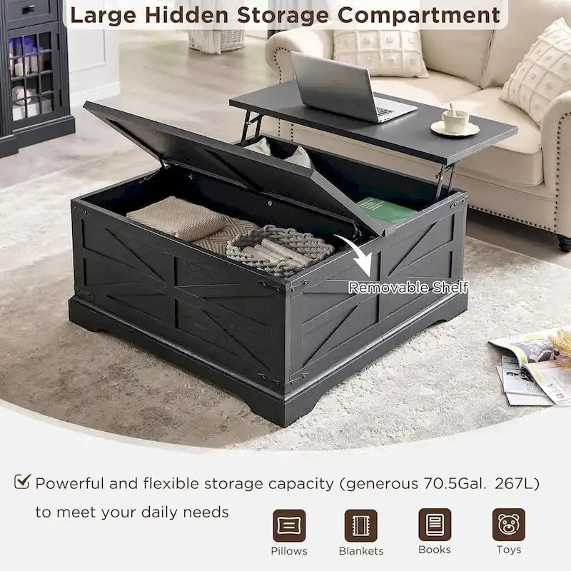 Table basse relevable de ferme avec rangement, table centrale carrée en bois
