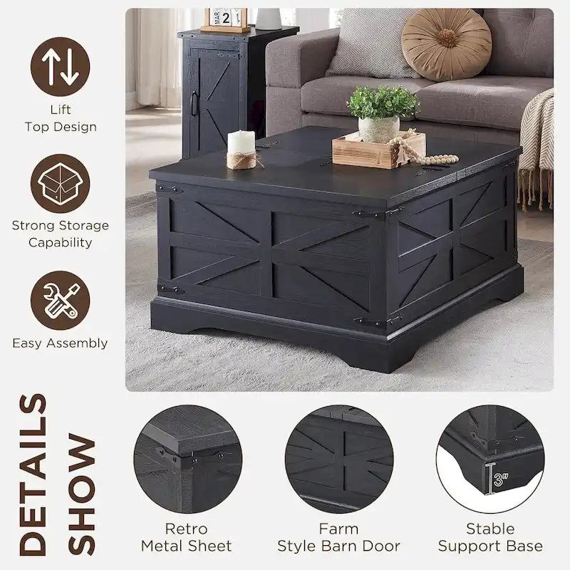 Table basse relevable de ferme avec rangement, table centrale carrée en bois
