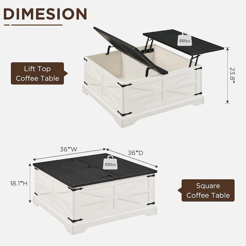 Table basse relevable de ferme avec rangement, table centrale carrée en bois