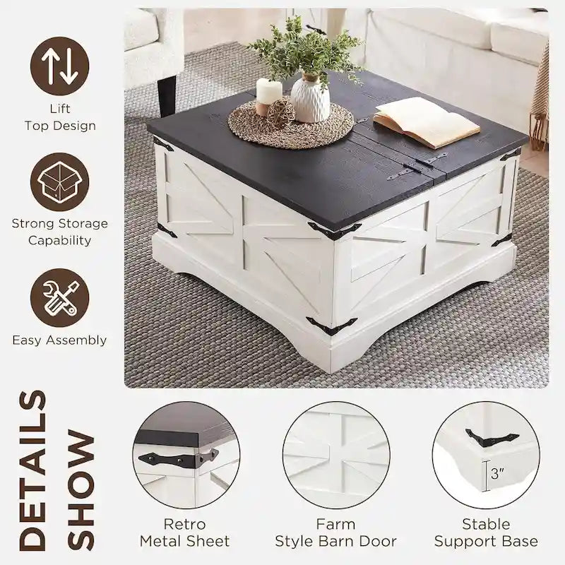 Table basse relevable de ferme avec rangement, table centrale carrée en bois