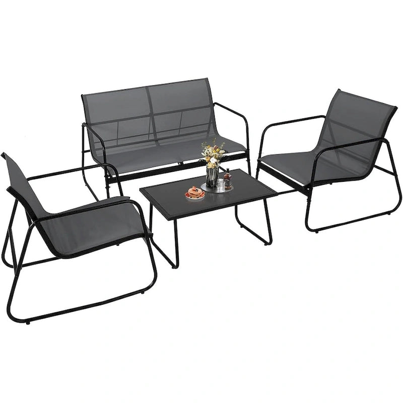 4-Piece Outdoor Patio Set  Steel Frame, Textilene Fabric & Tempered Glass Table for Balcony/Backyard