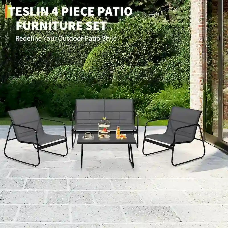 Ensemble de 4 meubles de jardin pour terrasse - Structure en acier, tissu Textilène et table en verre trempé pour balcon/arrière-cour