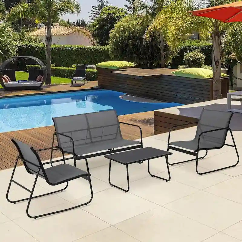 Ensemble de 4 meubles de jardin pour terrasse - Structure en acier, tissu Textilène et table en verre trempé pour balcon/arrière-cour