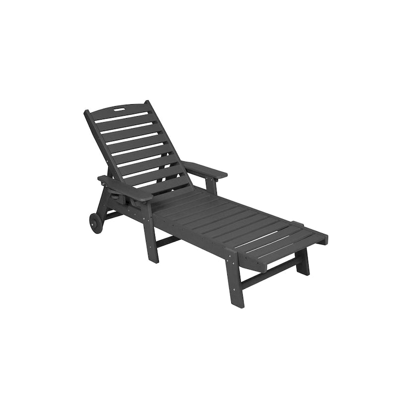 Chaise longue d'extérieur texturée bois, transat surdimensionné, chaise longue de patio avec roues et porte-gobelet