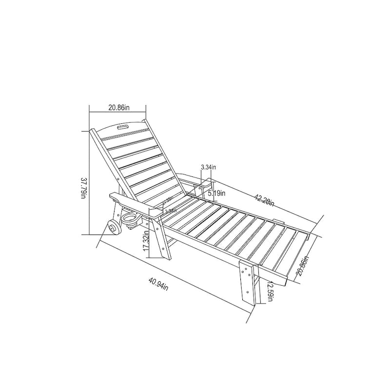 Chaise longue d'extérieur texturée bois, transat surdimensionné, chaise longue de patio avec roues et porte-gobelet