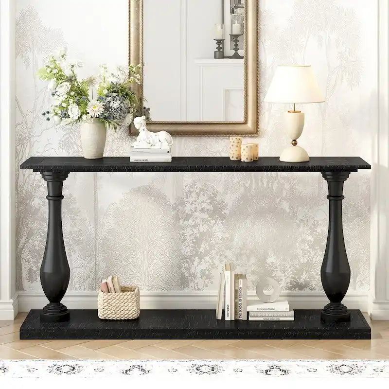 Console de table vintage avec placage de pin et pieds en forme de vase pour salon, bureau, entrée, chambre
