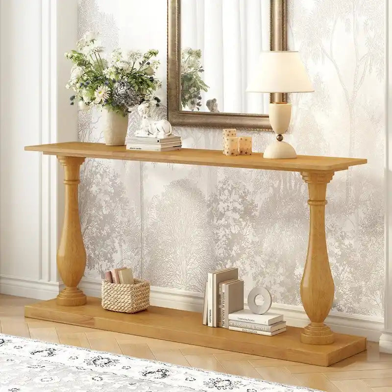 Console de table vintage avec placage de pin et pieds en forme de vase pour salon, bureau, entrée, chambre