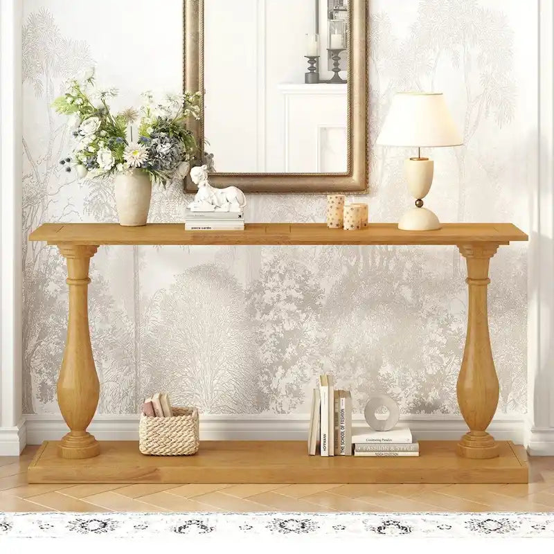 Console de table vintage avec placage de pin et pieds en forme de vase pour salon, bureau, entrée, chambre