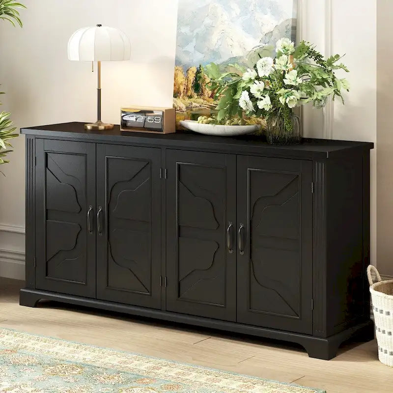 Buffet en bois de style campagnard avec portes et pieds en pin, 4 poignées en métal, pour couloir, entrée, salon, salle à manger