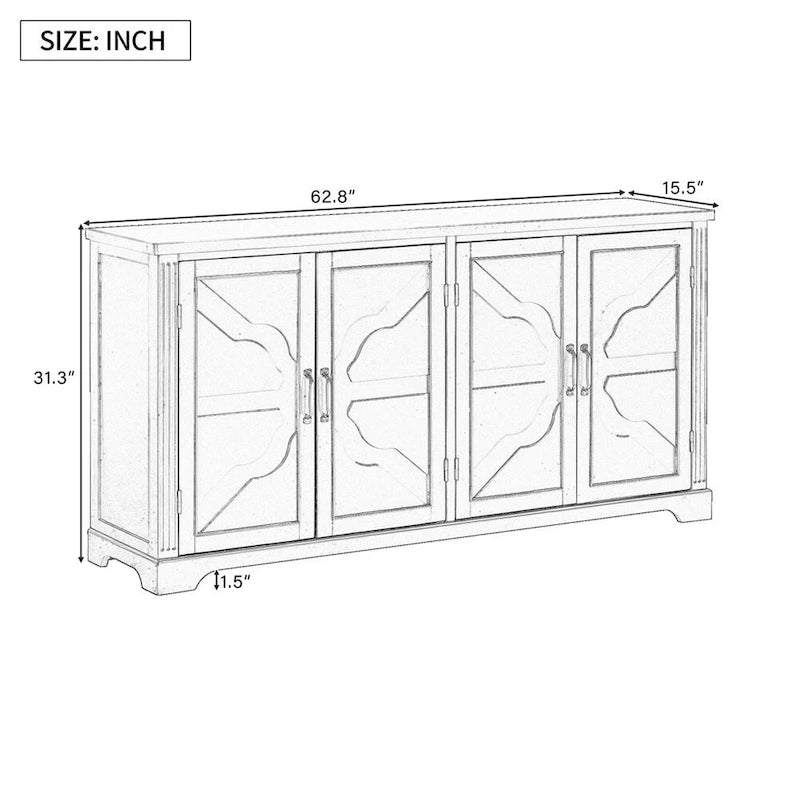 Buffet en bois de style campagnard avec portes et pieds en pin, 4 poignées en métal, pour couloir, entrée, salon, salle à manger