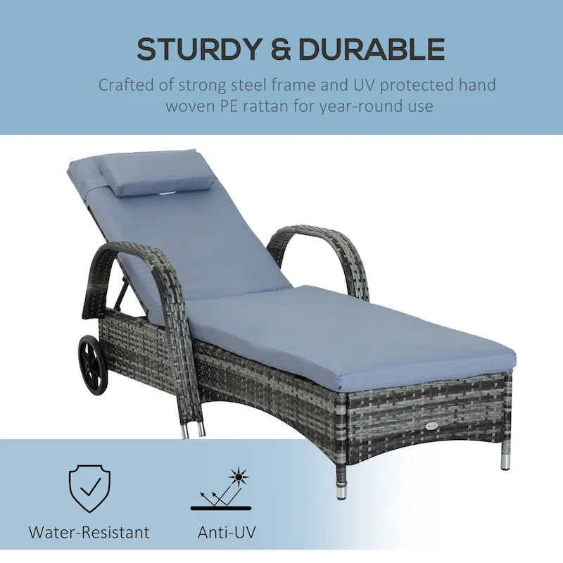 Chaise longue d'extérieur en rotin PE, transat de piscine avec coussin et oreiller pour piscine, terrasse, jardin