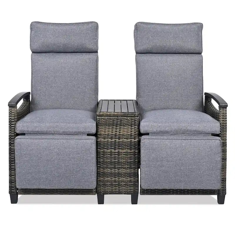 Ensemble de chaises longues de patio avec accoudoirs en bois d'acacia et table de rangement intégrée pour balcon