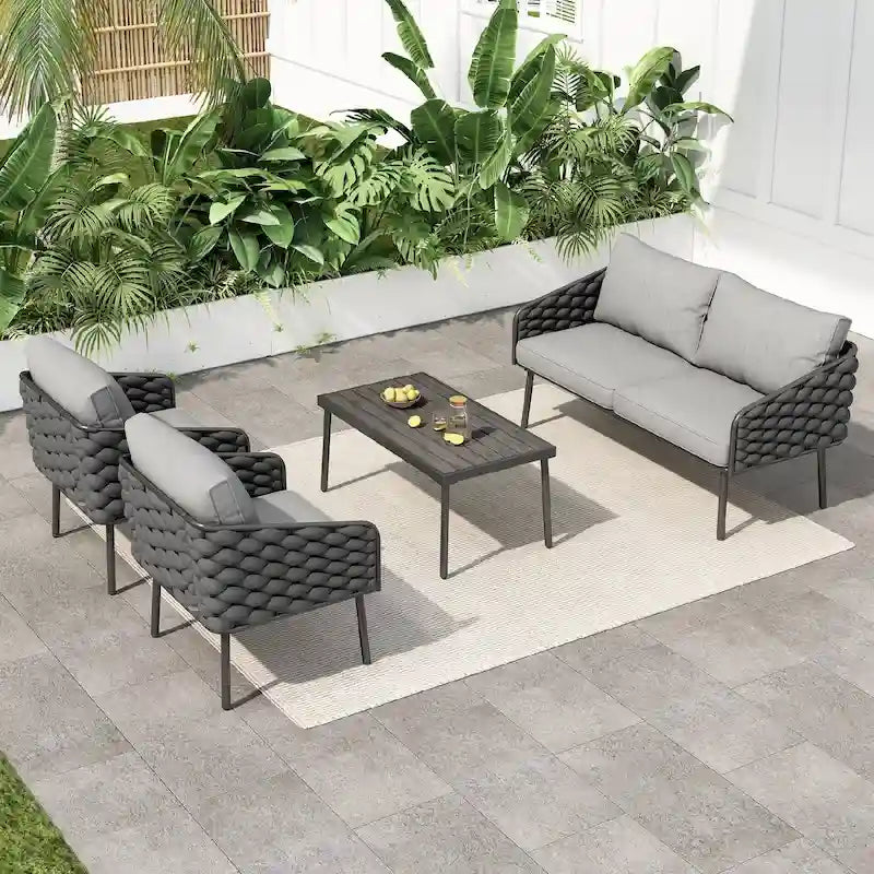 Salon de jardin en métal 4 pièces avec coussins profonds pour l'extérieur