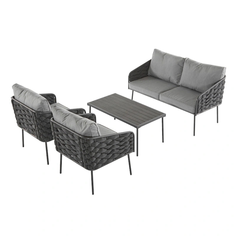 Salon de jardin en métal 4 pièces avec coussins profonds pour l'extérieur