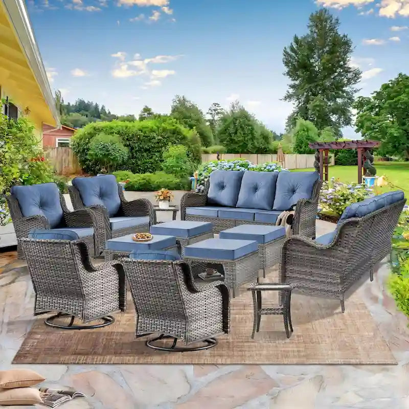 Ensembles de meubles de patio extérieur en osier 12 pièces avec fauteuils à bascule pivotants