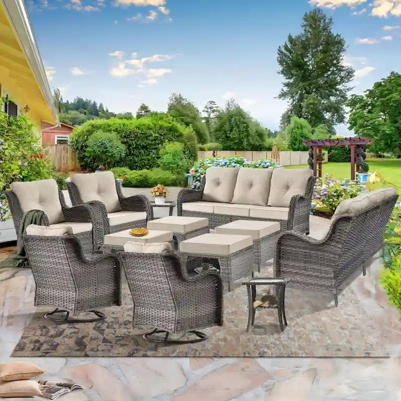 Ensembles de meubles de patio extérieur en osier 12 pièces avec fauteuils à bascule pivotants