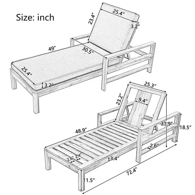 Chaise longue de jardin en bois à dossier réglable, convient aux jardins, terrasses et bords de piscine