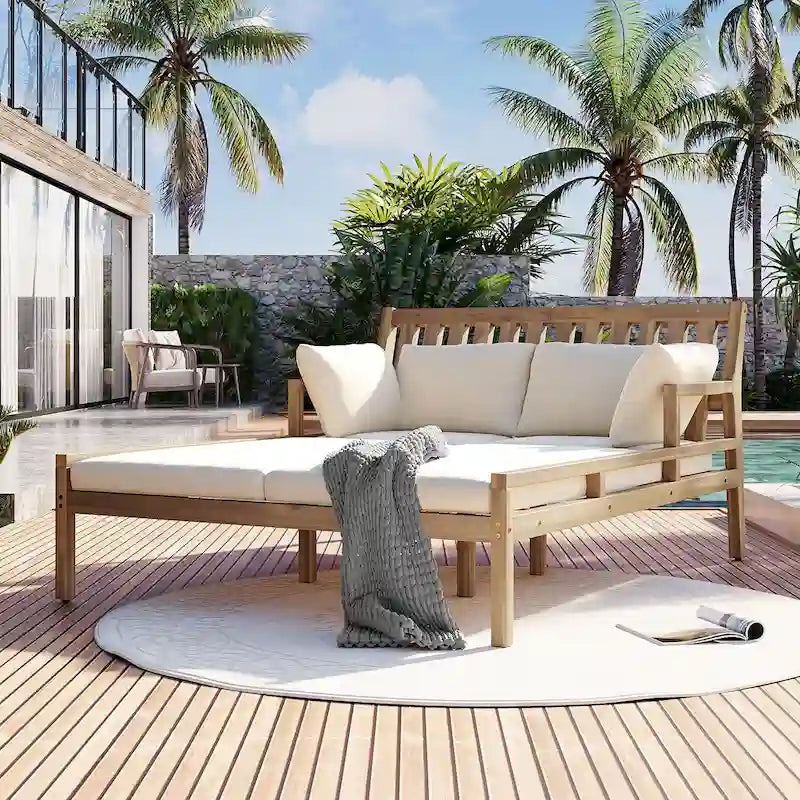 Bain de soleil extérieur en bois, 4 oreillers pour piscine, jardin, cour arrière