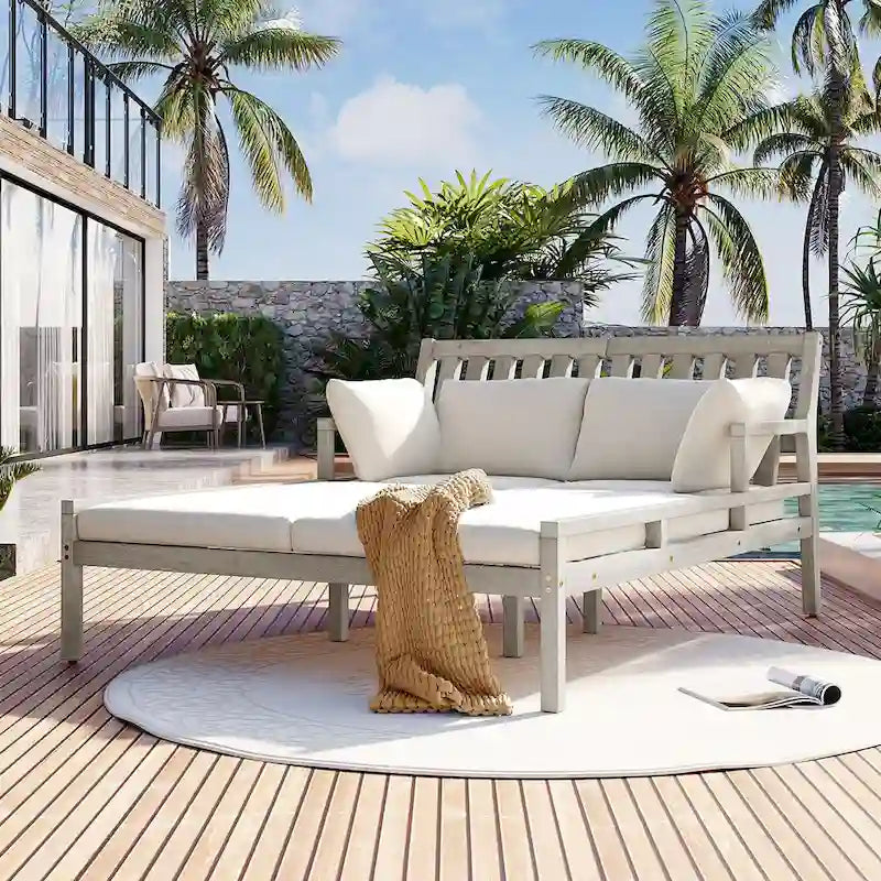 Wooden Outdoor Daybed, 4 Pillows for Poolside, Backyard, Garden