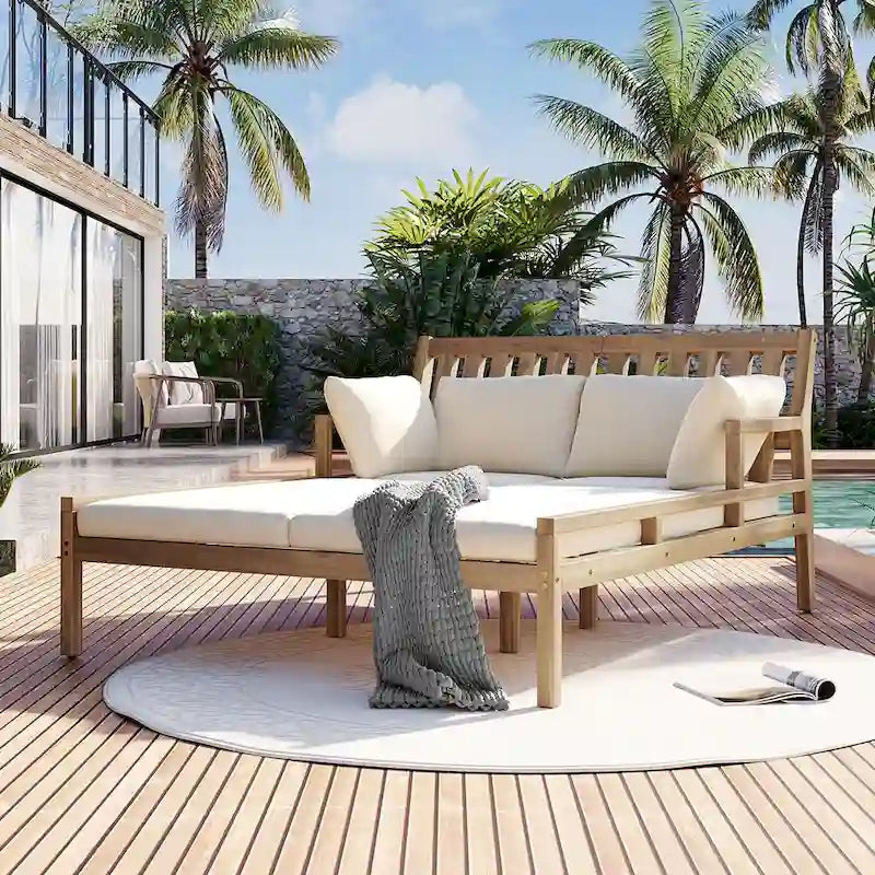 Bain de soleil extérieur en bois, 4 oreillers pour piscine, jardin, cour arrière